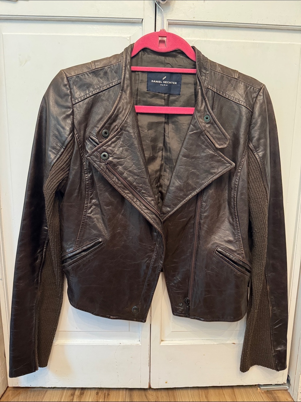 Daniel Hechter Dark Brown Leather Moto Jacket with Knit Panels